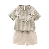 Lucaso 子供服 女の子 二点セットトップス ショートパンツ付き 無地 レース柄 ストライプ フリル 花柄 リボン付き 半袖 ゆったり きれいめ おしゃれ 可愛い カジュアル シンプル 普段着 遊