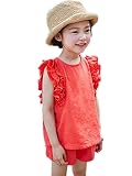 JUST style セットアップ 夏服 フリル デニム ブラウス パンツ 上下セット 女の子 (130 , レッド)