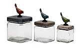 Deco 79 Glass Songbird Wood Canister, 11 by 10 by 9-Inch, Set of 3