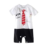 LittleSpring夏 ベビーボーイズ 紳士風 ネクタイプリント コットン ボディスーツ 肌着 カバーオール 半袖ロンパース 出産祝い 出産ギフト ホワイト90