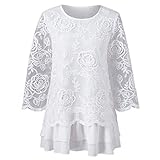LZE中空 花柄 レーススリーブ ラウンドネック トップ 花柄 刺繍 ゆったり パススリーブ ブラウス ホワイト チュニック トップス 人気 高品質 快適 薄手 ホット製品 通勤 通学 長袖 トップス
