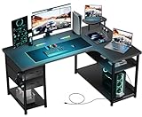 GTRACING ゲーミングデスク パソコンデスク L字 カーボン調 コンセント付き ラック付き モニターアーム対応 棚高さ調節可能引き出し