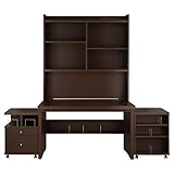 BONワイドデスク 4点セット 幅120cm 木製 デスク 本棚 〔デスク＋上置棚＋チェスト2台〕 ダークブラウン