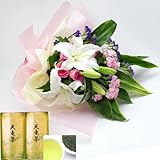 誕生日プレゼント 花 母親 祖母 静岡天竜茶煎茶セット ＆ ユリの花束（ピンク）