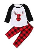 ThreeC Little男の子女の子クリスマス鹿Tシャツトップ格子柄コットンパンツ衣装セット 100(3-4T) ホワイト 0065