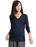 Angeliebe エンジェリーベ マタニティ 授乳口 付 やわらか フライス Vネック Tシャツ 妊婦服 長袖 産前 産後 S ～ M ネイビー