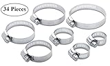 34 Piece Assorted Hose Clamp Set - Zinc Plated Worm Gear Clamp Ideal For Plumbing, Automotive And Me