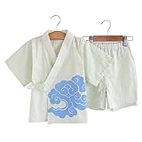 男の子女の子の着物の綿の竹繊維の|浴衣|甚平 じんべい 子供 90 100 110 120 (ライトグリーン, 90)