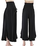 Sweet Mommy 裾フリル とろみガウチョ 長めウエストリブ ポケットつき スリット ルームウェア リラックス 冷え防止 ズボン ヨガ 春 夏 産前産後 マタニティ／ブラック／S