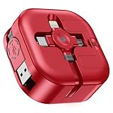 ASICEN マルチ充電ケーブル リール式 3イン1 充電コード 巻き取り式 ライトニングケーブル 急速充電 [MFi認証]4.5A Lightning/USB-C/Micro USB ケーブル iPhone 17 16 15 14 Pro Max/iPad/タブレット,シャープ全機種に対応(レッド,1.2m)