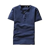 [Blostirno] ブロステルノ メンズ リネン リネンシャツ 綿麻 半袖 無地 Ｔシャツ ヘンリーネック 夏(JT11-ny-m)