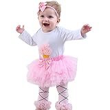 FOLOBE 赤ちゃん 子供 新生児服 ベビー 女の子ロンパース 白色Tシャツ上着+ピンクチュールスカート+パンスト 三点セット 可愛い 誕生日 遊び 記念 撮影 お祝いプレゼント 萌え服