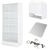 【福袋】【地球家具】コレクションラック「ワイド」新シリーズセット 幅83cm 奥行39cm 【正規品】[鍵付きコレクションケース] [耐震]（引き戸 ハイタイプ本体+上置きハイタイプ+背面ミラー+LED） ホワイト