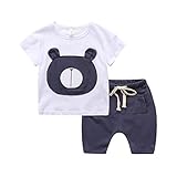 PANCY 子供服 春夏 コットン Ｔシャツ 短パン 上下セット 男の子 女の子 かわいい くま(ホワイト,120cm)