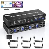 8K@60Hz USB 3.0 DisplayPort KVM スイッチ デュアル モニター 4 コンピューター、オーディオ出力および 3 USB 3.0 ポート付きデュアルモニター ディスプレイポート KVM スイッチ 4 PC 分配器 4 ポートデュアルモニターDisplayPort KVM スイッチ