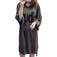 ELPIS レディース ファッション 春 夏 ロングTシャツ ワンピース ドレス スカート ゆったり 大きいサイズ 五分丈 プリント ヒップライン カバー ラウンドネック Uネック