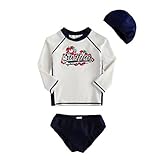 正規品 最新 子供水着 女児水着 長袖 セパレート3点セット キッズ水着 帽子付き水着 ラッシュガード スイムキャップ UPF50+素材使用 (9T(120-130))