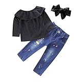 Hometom 3個入りキッズ赤ちゃん女の子服装オフ肩ロータスリーフトップ+デニムジーンズ+ヘッドバンドClothesセット 3-4 T ブラック t1