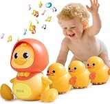 JUYEE おもちゃ アヒル親子4羽セット 知育玩具 3歳 誕生日プレゼント 男の子 女の子 人気 音楽 ライト付き (イエロー（ママ1羽+子3羽）)