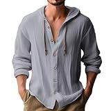 [GUREITOJP] 開襟シャツ フード付き メンズ シャツパー 長袖シャツ 綿麻シャツ 夏服 春 秋服 プルオーバー ボタンダウン 開襟 韓国風 コットンリネン コーディネート 襟付き オーバーサイズ ゆる タッチ 軽量 グレー 3XL