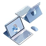 マウス付き iPad 10.2 キーボードケース 第9/8/7世代 360度回転式 iPad7 iPad8 iPad9 ケース マグネット式 分離式 透明カバー 取り外し可能な Bluetoothキーボード 縦置き 分離式 ペンシルホルダー付き，ブルー（四角いキー）