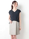 Angeliebe エンジェリーベ マタニティ ワンピース 授乳口付き ジョーゼット ブラウス × カルゼ ツイ―ド ワンピ 妊婦服 （LOVE MIC） 産前 産後 半袖 M ネイビー × オフ 2