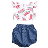 0-24月設定　子供服　女の子　上下二点セット　西瓜パターン　フリル　シャツ　ジーンズ　ショートパンツ　コットン　サマー (ホワイト, 80)
