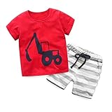 LittleSpring夏 ボーイズ 男の子 五色展開 動物柄 犬 恐竜柄 プリント ボーダー 半袖Tシャツ＆ショートパンツ カジュアル 上下セットアップ レッド80