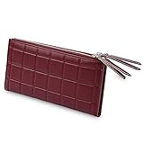 mioim 長財布 レディース おしゃれ ダブルジッパー クラッチ財布 チェック柄 カードケース 小銭入れ 大容量 ウォレット クラッチバッグ (ワインレッド)