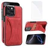 JSCOMYAP iPhone 16 pro ケース用 いphone16pro ケース + iphone16pro 强化 ガラス フィルム PUレザーカード収納横置きスタンド機能付き 携帯ケース 人気 衝撃吸収 スマホケース Case Cover アイフォン16pro 16pro アイフォン16プロ iphone16プロ いpほね16プロ 背面 カバー レディース 6.3インチ（レッド）