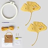 初心者向けビーズ刺繍キット イチョウの葉のブローチ2個用 手刺繍キット 大人用刺繍スターターキット 刺繍フープ付き 刺繍パターン 刺繍アクセサリーキット