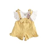 女の子カバーオール Tシャツ+パンツ Pojour夏 1-6歳キッズ用 2セット 子供かわいいストライプブラウス 綿 通気 黄色(70cm)