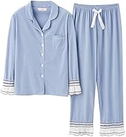 レディースレースパジャマスセット、トップとボトムパジャマ、女性のためのすべてのシーズンズのための長袖の2ピーススーツ、大カジュアルパジャマ 着る毛布 (Color : Light blue, Size : X-Large