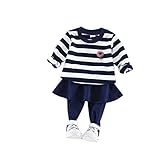 (マソンナーニ)Masonanic ベビー服　長Ｔシャツとロングパンツ　上下セット　女児　スカート付きレギンス　ボーダー　 ネイビー　春秋 (90cm, ネイビー)