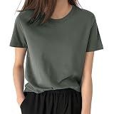 [EAXGO] 【6.35オンス x 綿100】 Tシャツ レディース 半袖 【フィット感の再定義・「独自ライン効果」で着痩せ】ティーシャツ シャツ トップス 重ね着 ゆったり 着回しカ 無地 透け防止 体型カバー おしゃれ (M, ダークグレー)