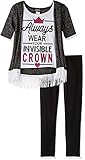 Kidz Concepts Big Girls' Sweater Knit Fringe Cardigan with Mocktank and Screenprnt Legging Set Black
