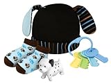 Stephan Baby Bootie Socks, Key Rattle, Bath Squirter and Floppy-Eared Cap Gift Set, Blue Dog, 0-6 Mo