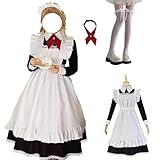 [Sivrusn] メイド服 コスプレ 仮装 タイツ付きフルセット 定番 ロング丈 長袖 英国風 萌え かわいい ワンピース エプロン カチューシャ メイドコスチューム 仮装 ハロウィン レディース メンズ セット 一式 こすぷれ イベント XL