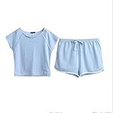 GAODUZI ニューサマーメンズレディースパジャマ半袖ショーツコットンカジュアルカップルホームサービス下着（パジャマ+ショーツ） (色 : 青, サイズ さいず : Ms-m)