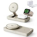 【Apple公認・MFi・Qi2 25W公式認証】THREEKEY 3-in-1 ワイヤレス充電ステーション｜iPhone 17/16/15/14/13/12・for Apple Watch・AirPods対応｜折りたたみ式高速充電スタンド｜1.5m編み込みケーブル付属 (サンドホワイト)