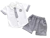 [ミートン] Tシャツ パンツ 上下 二点セット 子供服 ベビー服 夏 半袖 トップス+ズボン セットアップ ネクタイ カジュアル プレゼント 1-4歳 グレー80cm