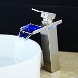 Wovier LED Water Flow Brushed Nickel Waterfall Bathroom Sink Faucet,Color Changing,Single Handle Sin