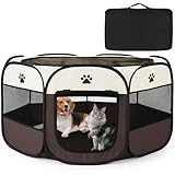風織商社 ペットサークル 折畳み 犬 サークル 室内 114cm*114*58cm 猫 サークル 専用収納袋付属 大型 八角形 ドッグハウス ペットサークル 屋根付き アウトドア 防災 猫 犬 ケージ 犬 サークル 折り畳み 室内 屋外 キャンプ メッシュサークル 頑丈 出産室 大型犬 小型犬 猫 (ブラウン, XL)