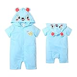(サックス/80cm) ベビー服 男の子 着ぐるみ ロンパース 半袖 ネズミ顔付き 耳付き ロゴプリント スナップボタン 男児 ベビー