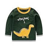 PANCY 子供服 春秋 長袖 Tシャツ トレーナー 丸い襟 プリントシャツ 男の子 女の子 可愛い 動物柄 恐竜 くま モンスター(ダークグリーン,90cm)