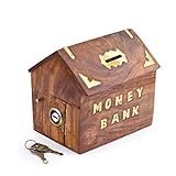 Indiabigshop木製ハンドメイド家Shapedお金ボックス – 木製Safe and Secure貯金箱 – Money Bank for Kids withゴールデンバタフライインレー大人の