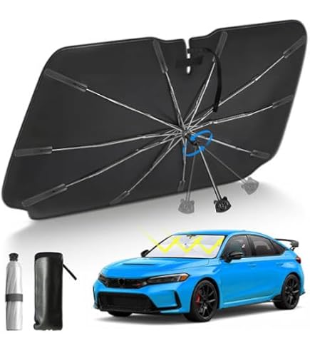 サンシェード 車 フロント【2024強化版＆曲がる中棒】傘式 車用サンシェード バックミラー開き口 頑丈な10本骨 逆折り式 遮光 遮熱 UVカット紫外線遮蔽 取付簡単 折り畳み式 収納便利 収納ポーチ付き 車パラソル 車中泊 露天駐車 暑さ対策 日焼け対策 (80*140cm) Amazon.co.jp: サンシェード 車 フロント【2024強化版＆曲がる中棒】傘