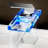 Ouku ®デッキマウント温度SensitiveシングルハンドルセンターセットLED洗面所バスルームシンク蛇口クロムWidespread Waterfallバスタブミキサータップ1つ穴Roman Tu