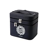 FYX　化粧品収納　収納ケース　コスメボックス　メイク用品収納　小物入れ　大容量　取っ手付　ミラー付き　携帯に便利 　PUレザー　上品　エレガント　3段タイプ (ブラック)