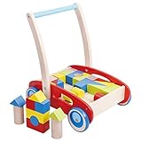Pidoko Kids Block and Roll Cart - Wooden Push and Pull Toy Activity Baby Walker Red - Toddler Learni